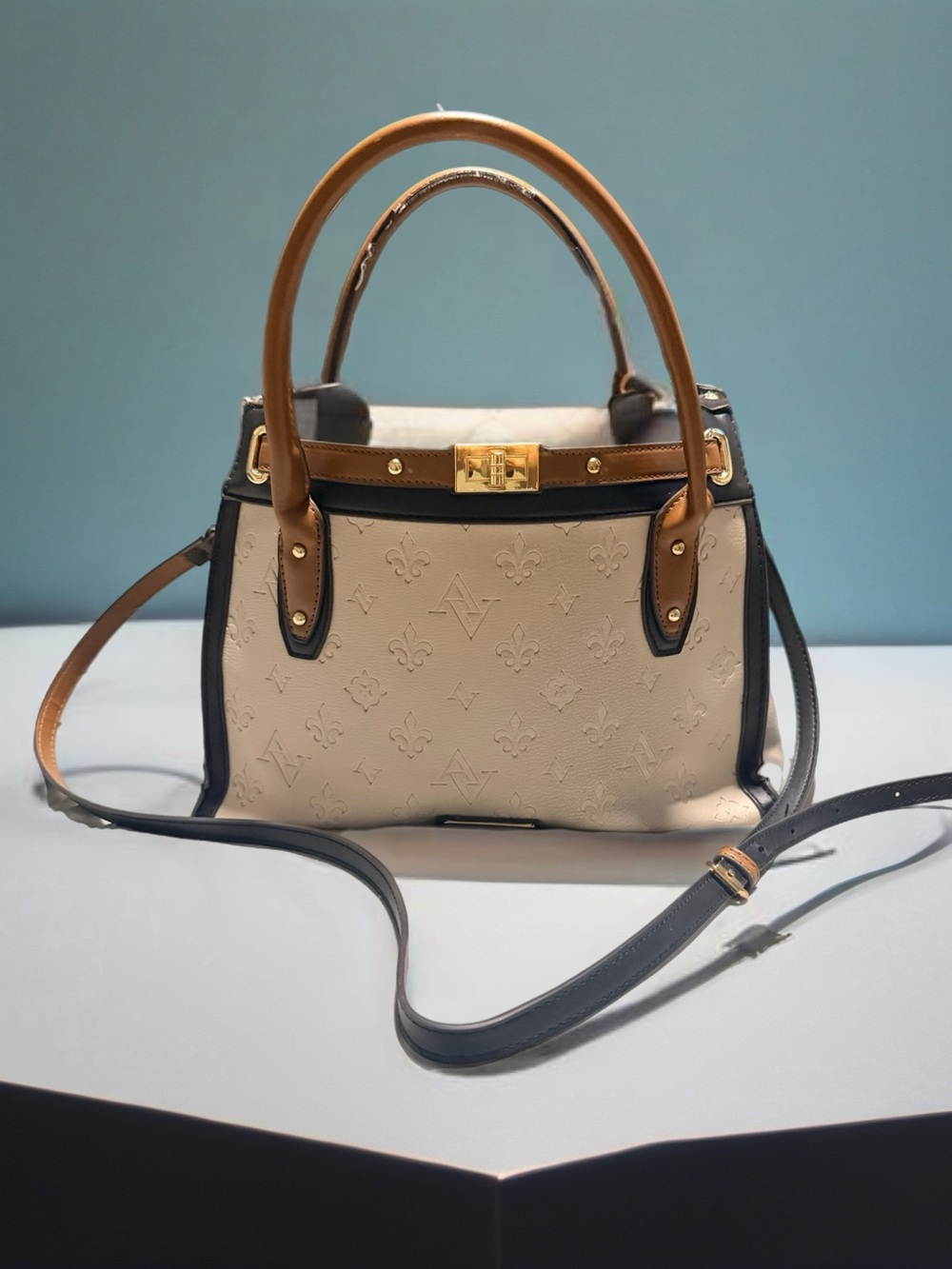 Adrienne  Vittadini Elegant Cream and Tan Structured Satchel Handbag